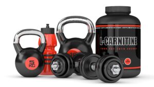 Fat Burner Supplements: l-carnitine powder with dumbbells and kettlebells isolated over white background